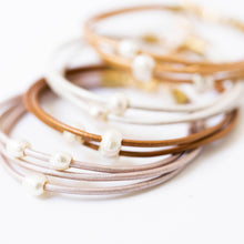 Load image into Gallery viewer, Bronze | Pearl and leather adjustable shimmer bracelet