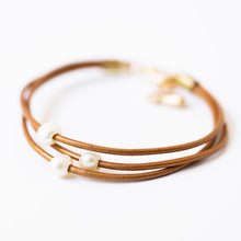 Load image into Gallery viewer, Bronze | Pearl and leather adjustable shimmer bracelet