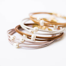 Load image into Gallery viewer, Bronze | Pearl and leather adjustable shimmer bracelet