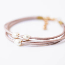 Load image into Gallery viewer, Bronze | Pearl and leather adjustable shimmer bracelet
