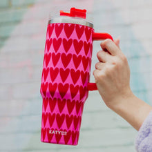 Load image into Gallery viewer, Girly Red Hearts Pattern Tumbler with Handle and Straw: Light Pink
