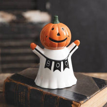 Load image into Gallery viewer, Ghost Figurine Celebrating Pumpkin
