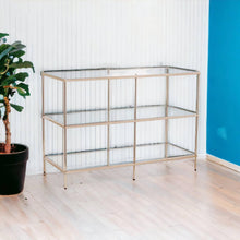 Load image into Gallery viewer, HomeRoots - 42&quot; Clear and Gold Glass Mirrored Floor Shelf Console Table
