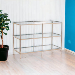 HomeRoots - 42" Clear and Gold Glass Mirrored Floor Shelf Console Table