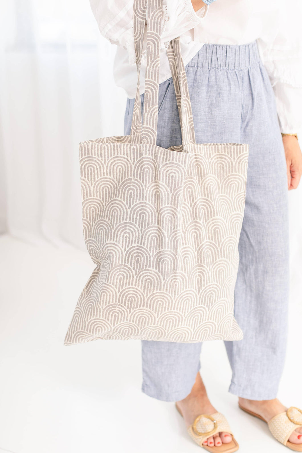 Cotton Block Print Market Tote-Gray, Green, Rust: Gray