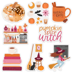 Pumpkin Spice Witch Books & Latte Sticker 3x2.5 in. | Elyse Breanne Design