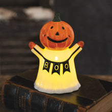 Load image into Gallery viewer, Ghost Figurine Celebrating Pumpkin
