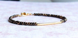 7" Gilded Black Seed Bead And Gold Filled Bar Bracelet