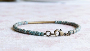 8" Gilded Turquoise Beads And Bronze Bar Bracelet
