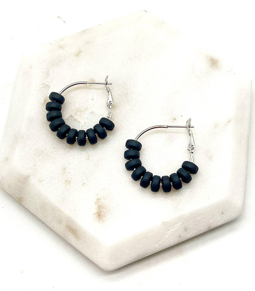 Black Clay Beaded Statement Hoop Earrings