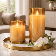 Load image into Gallery viewer, 3x6 in Amber Glass Cylinder Moving Flame LED Candle | Wholesale Home Decor
