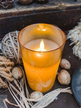 Load image into Gallery viewer, 3x6 in Amber Glass Cylinder Moving Flame LED Candle | Wholesale Home Decor
