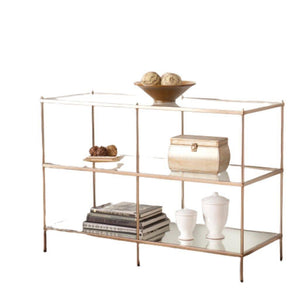 HomeRoots - 42" Clear and Gold Glass Mirrored Floor Shelf Console Table