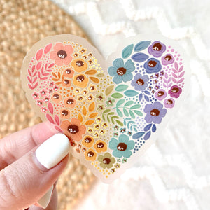 Clear Pride Rainbow Floral Heart Sticker 2.75x3in | Elyse Breanne Design