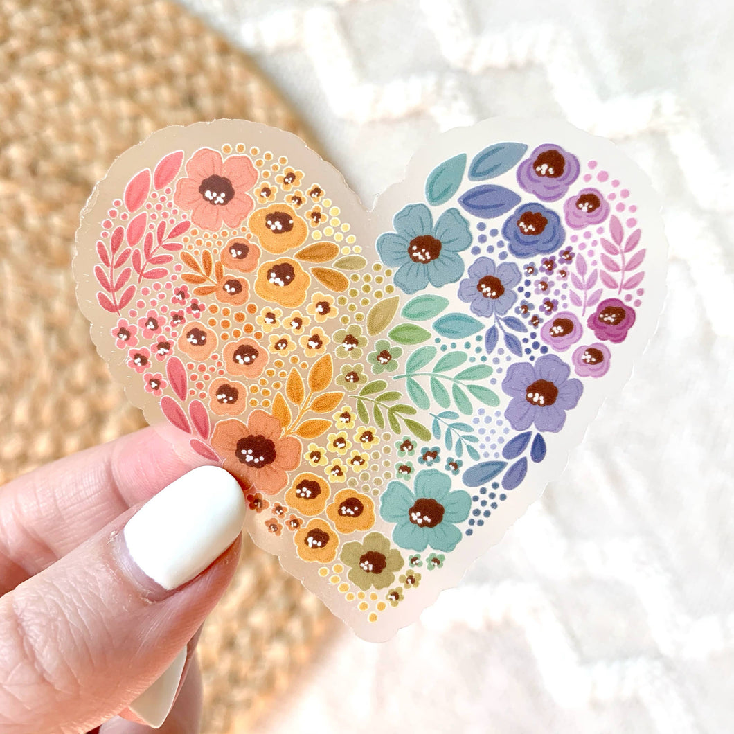 Clear Pride Rainbow Floral Heart Sticker 2.75x3in | Elyse Breanne Design