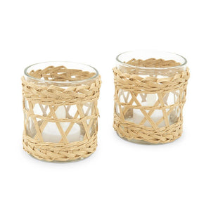 Woven Straw & Glass Votive Candle Holder - Natural