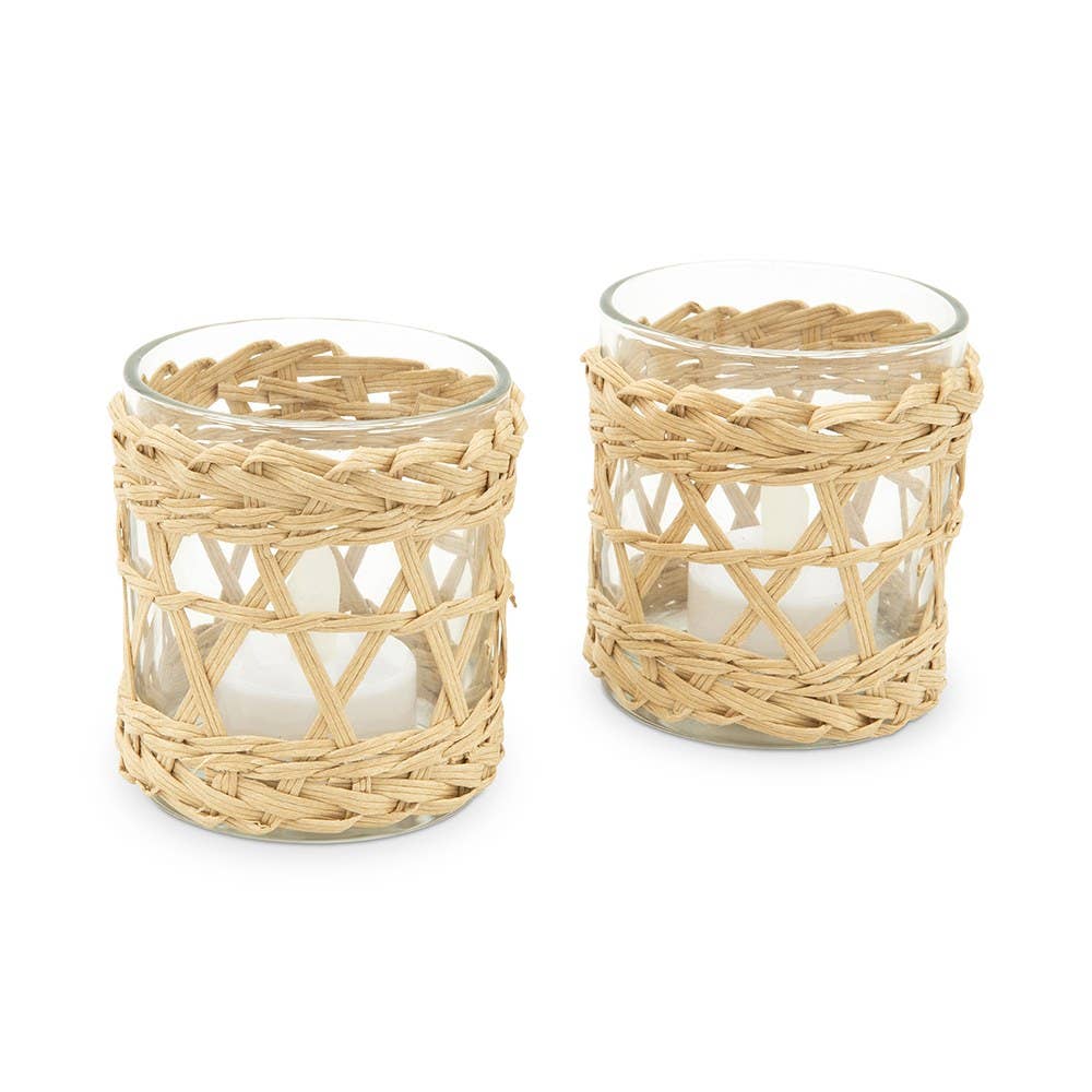 Woven Straw & Glass Votive Candle Holder - Natural