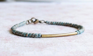 8" Gilded Turquoise Beads And Bronze Bar Bracelet