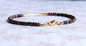7" Gilded Black Seed Bead And Gold Filled Bar Bracelet