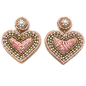 Lunar Deer - Heart Seed Bead Post Dangle Earrings