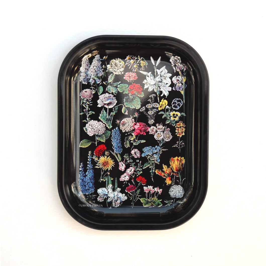 Curious Prints - Small Metal Black Fleurs Ritual Tray / Vintage Floral Print