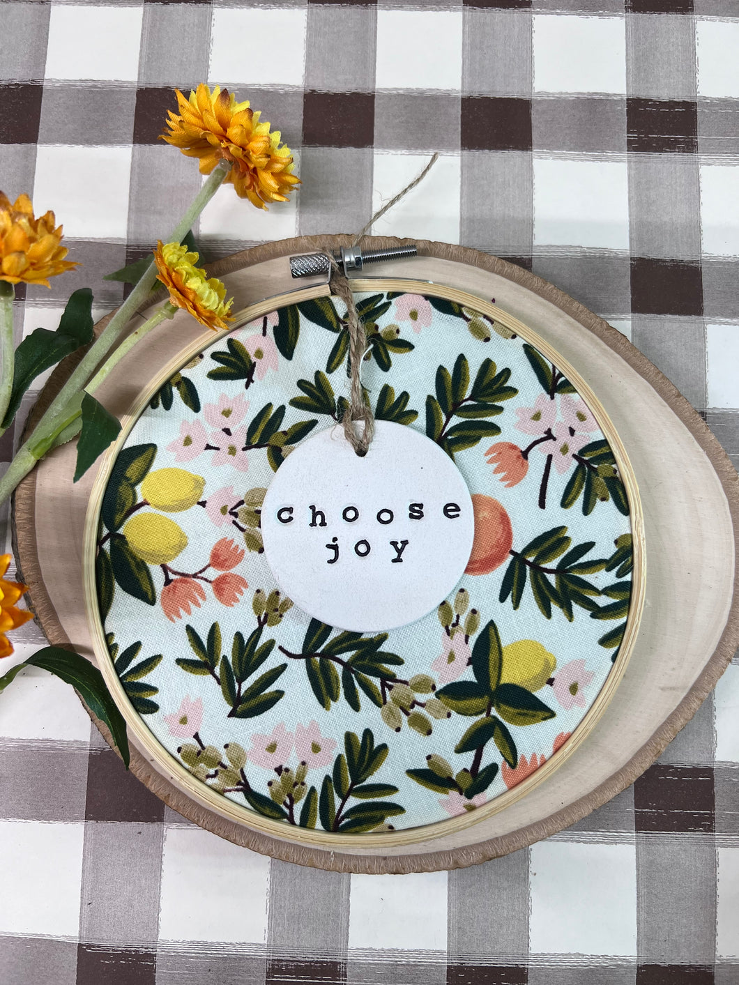 Handmade Hoosier | Choose Joy | Hoop w/ Rifle Paper Citrus Floral Fabric + Circle Ornament