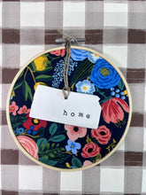 Load image into Gallery viewer, Handmade Hoosier | State | Hoop w/ Rifle Paper Navy Garden Fabric + State Ornament
