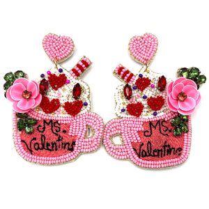 Lunar Deer - Pink and White Ms Valentines Latte Mug with Hearts and Flowers Seed Bead Dangle Earrings