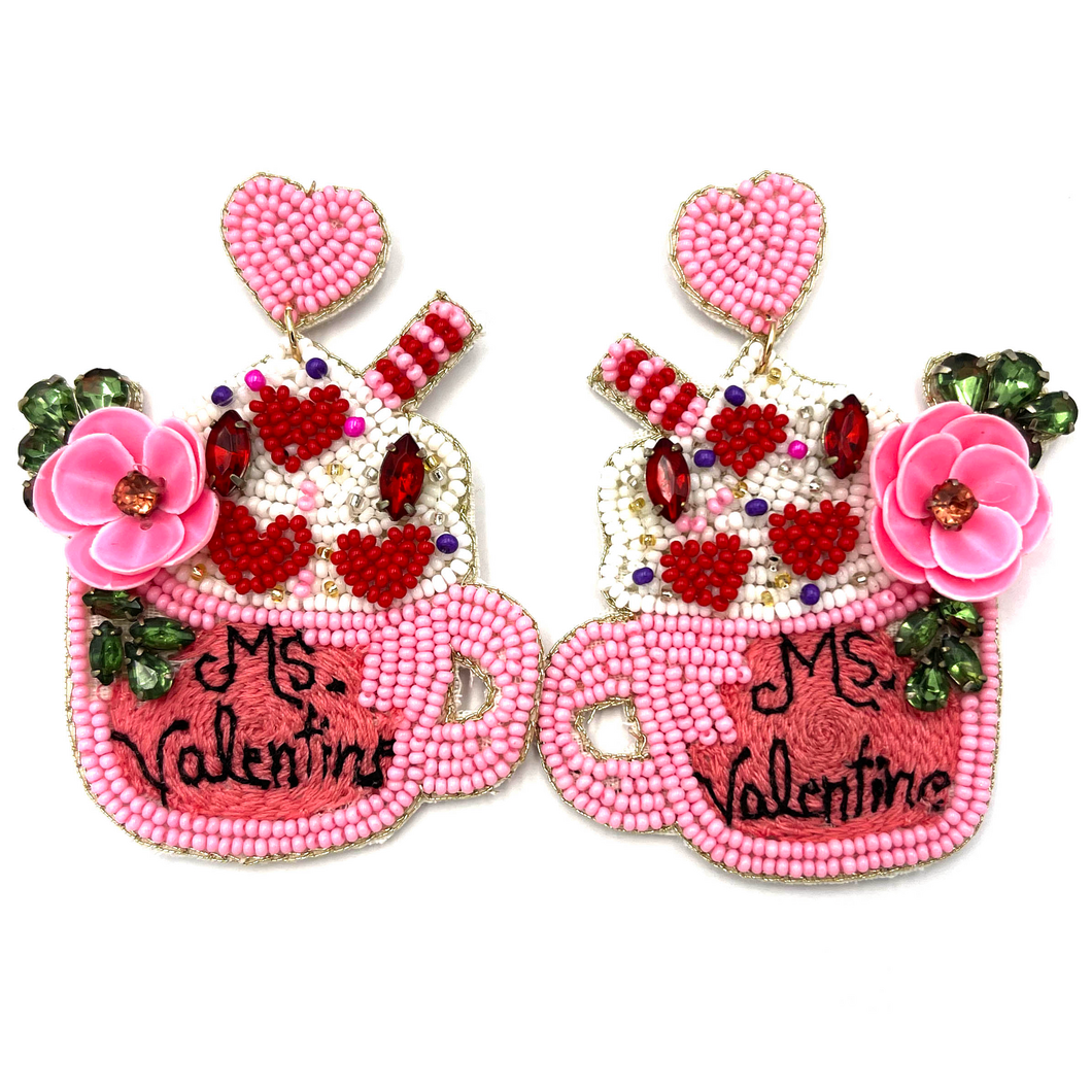 Lunar Deer - Pink and White Ms Valentines Latte Mug with Hearts and Flowers Seed Bead Dangle Earrings