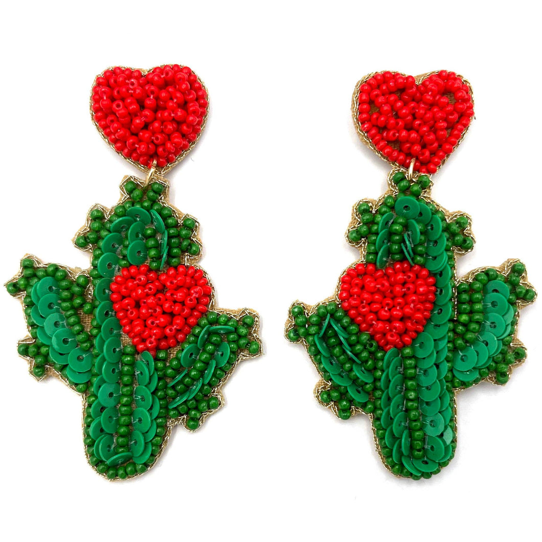 Lunar Deer - Green Saguaro Cactus with Red Hearts Sequin and Seed Bead Dangle Earrings