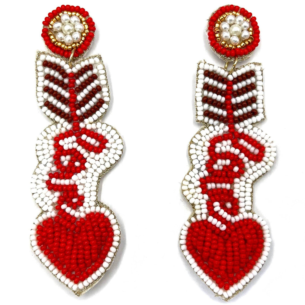 Lunar Deer - Red White Maroon and Gold Love Text with Heart Arrow Seed Bead Dangle Earrings