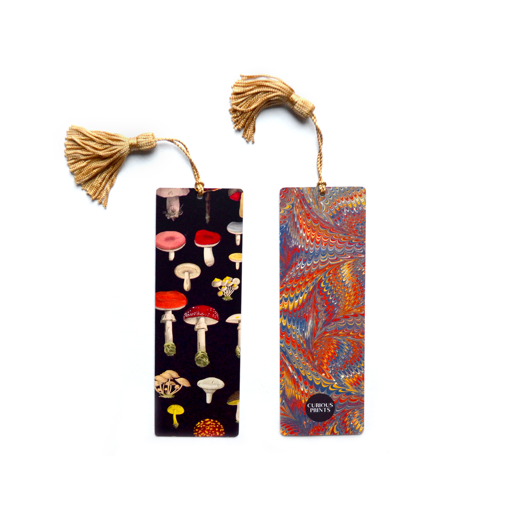 Curious Prints - Botanical Mushroom and Marbled Bookmark with Tassel