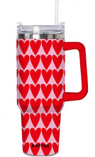 Load image into Gallery viewer, Girly Red Hearts Pattern Tumbler with Handle and Straw: Light Pink
